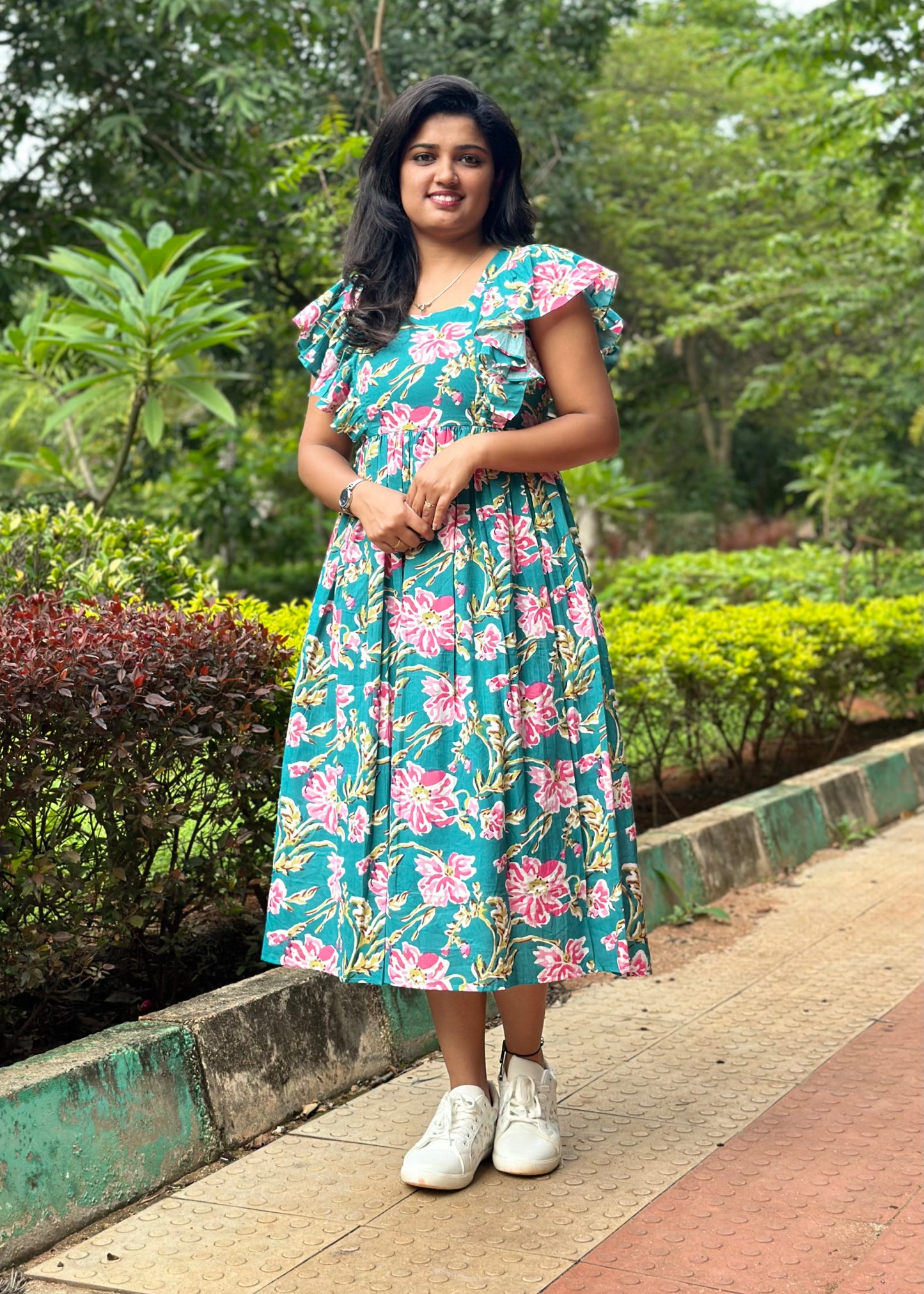 Jolene Teal Floral Printed Cotton Midi Dress