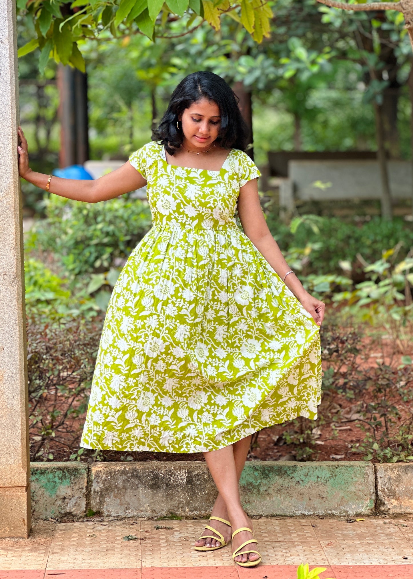 Midori Lime Green Midi Dress with Overcoat