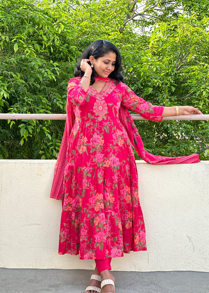 Pink Floral Mul Mul Kurta Set