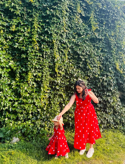 Sahaana Red Heart  Shoulder Tie Midi Dress