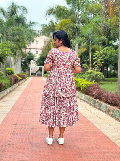 Diya Cream and Wine Floral Rayon Midi Dress