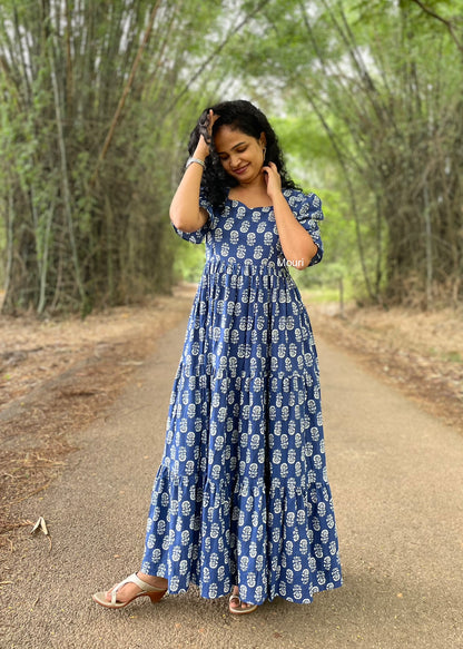 Hayley Blue Printed 3 Tier Cotton Maxi Dress