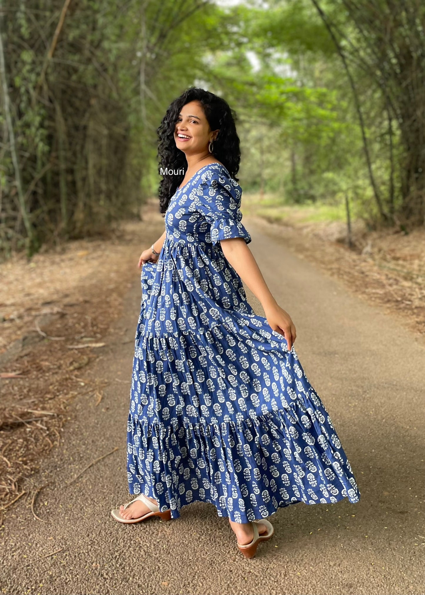 Hayley Blue Printed 3 Tier Cotton Maxi Dress