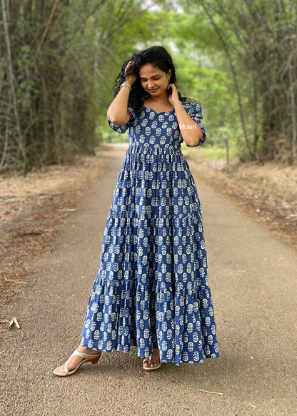 Hayley Blue Printed 3 Tier Cotton Maxi Dress