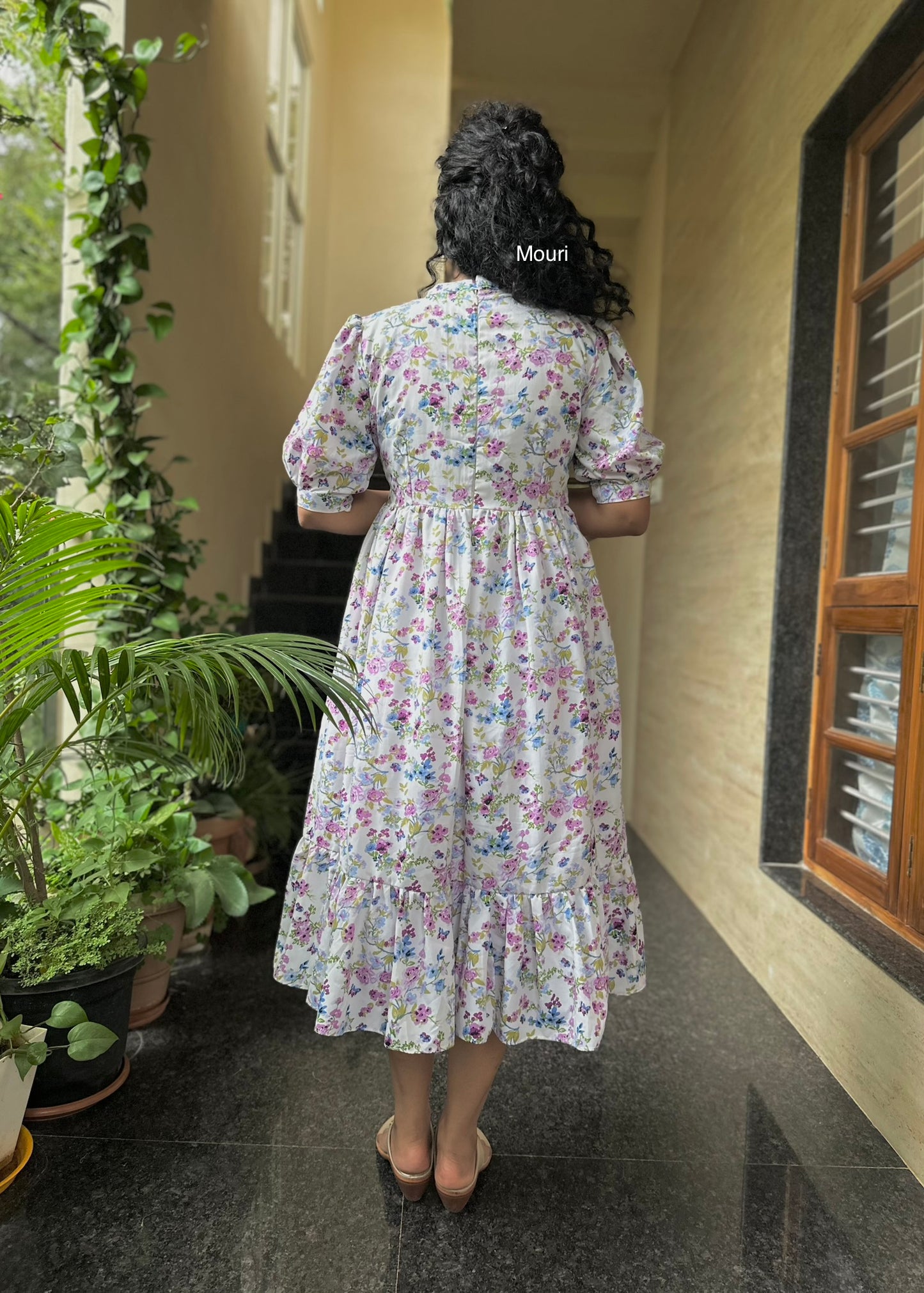 White & Lavender Floral Crepe Midi Dress