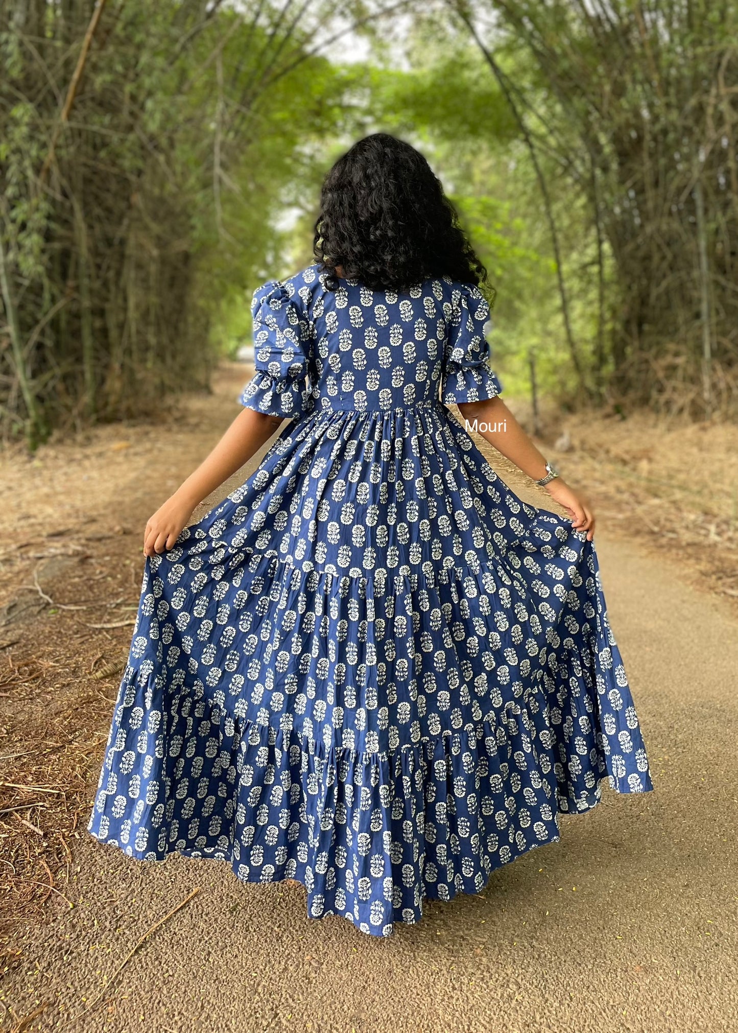 Hayley Blue Printed 3 Tier Cotton Maxi Dress