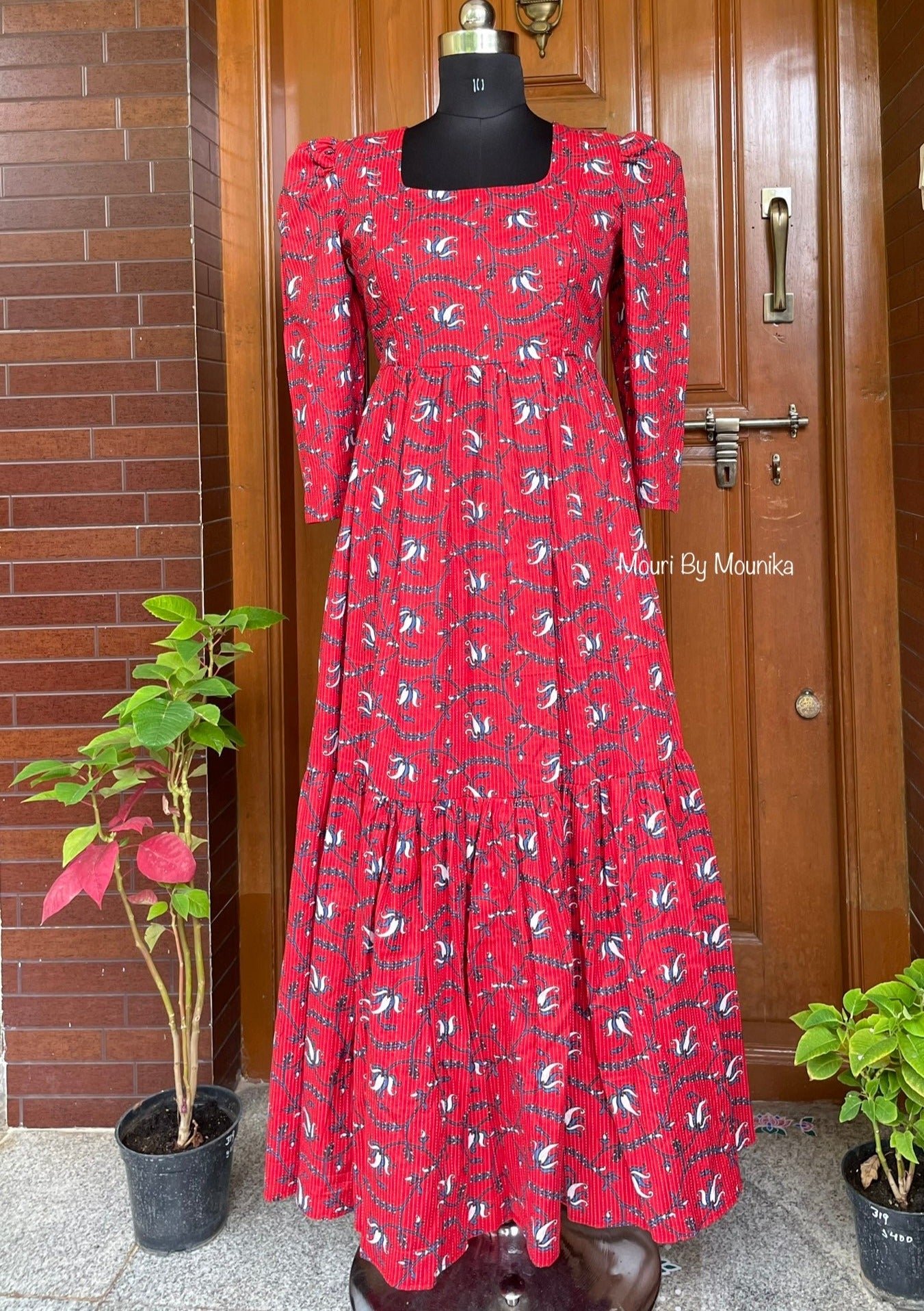 Red Floral Cotton Maxi Dress