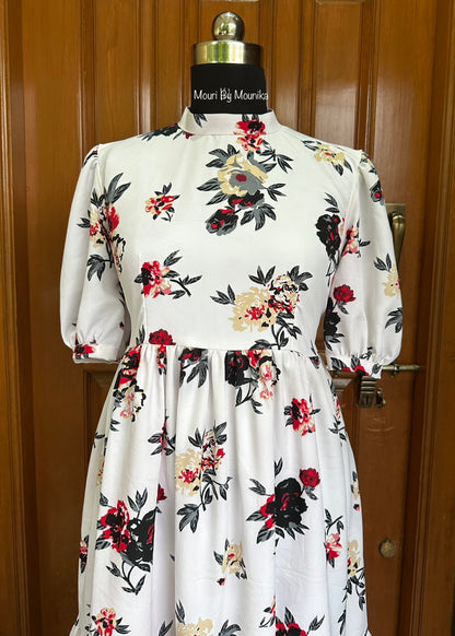 Amelia White & Black Floral Crepe Midi Dress