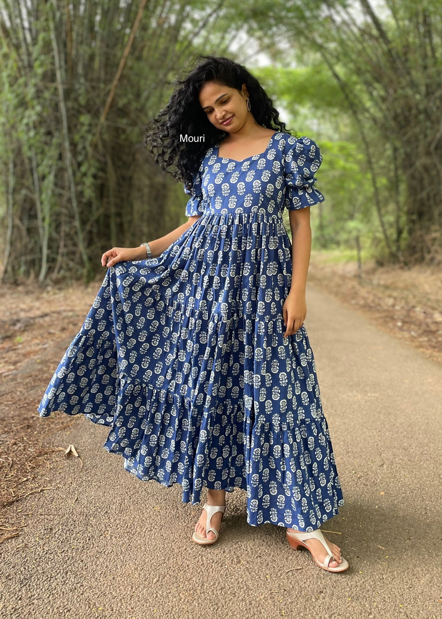 Hayley Blue Printed 3 Tier Cotton Maxi Dress