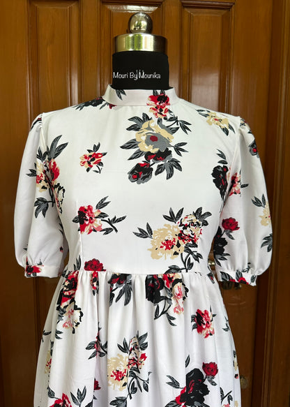 Amelia White & Black Floral Crepe Midi Dress