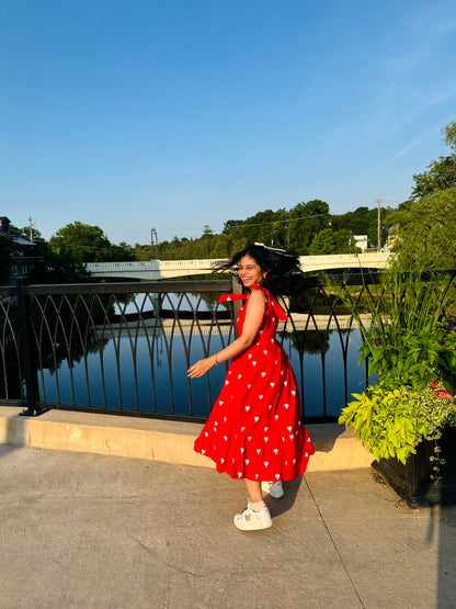 Sahaana Red Heart  Shoulder Tie Midi Dress