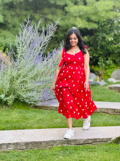 Sahaana Red Heart  Shoulder Tie Midi Dress